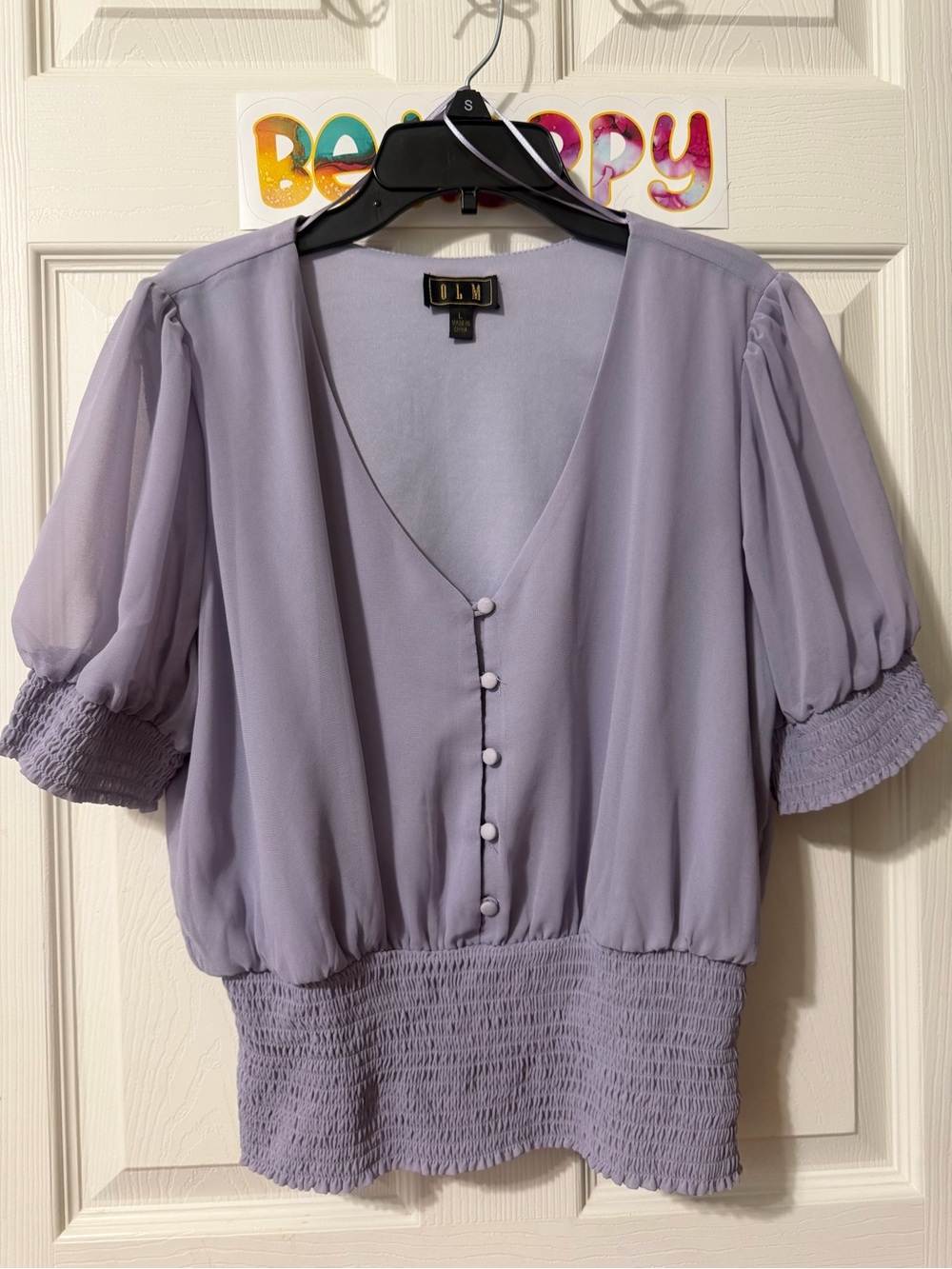 OLM Lavender V-Neck Puff Sleeve Smocked Blouse